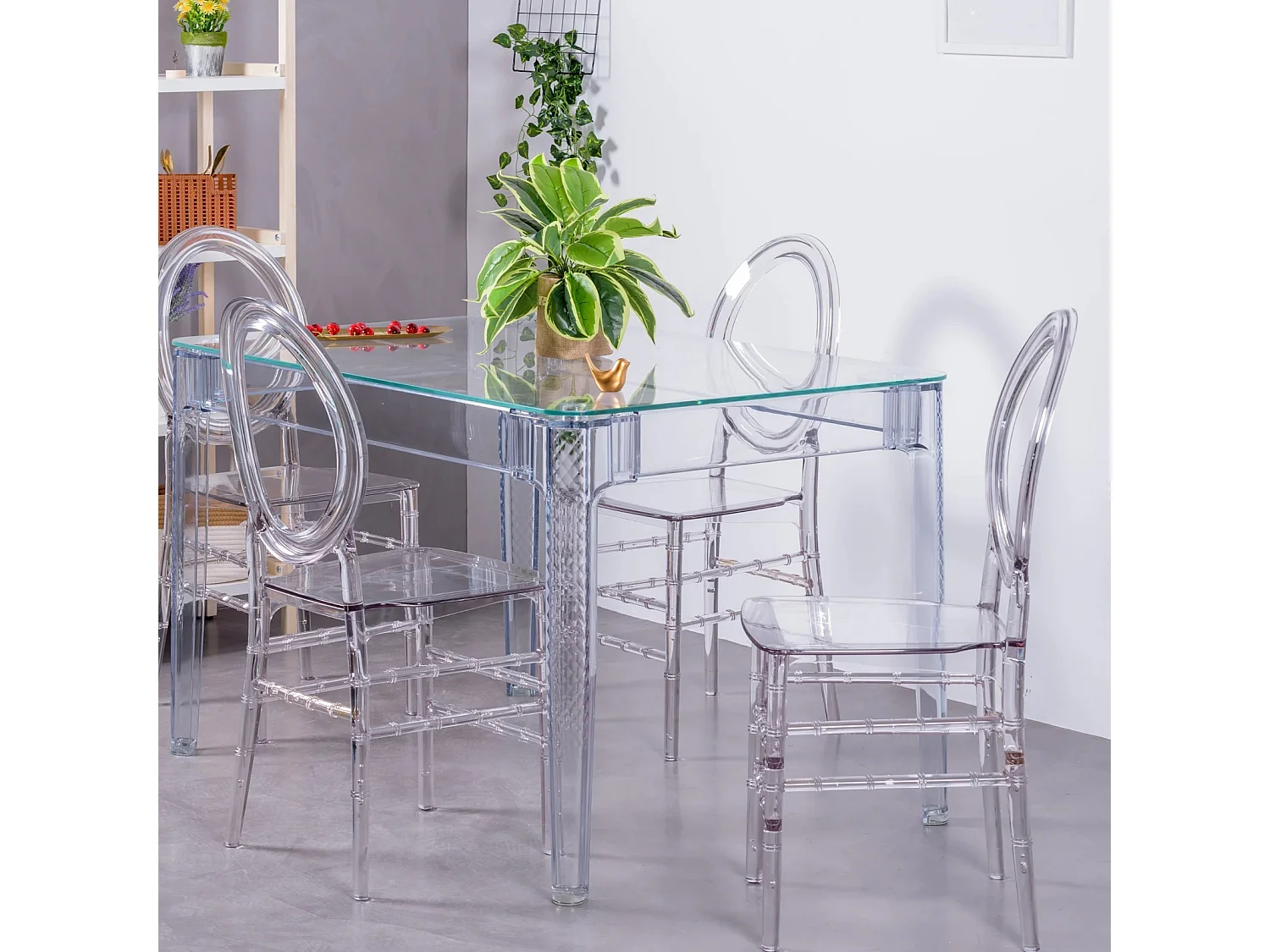 Ensemble meuble de salle à manger table transparente (120cm) et 4 chaises Isabelle - Ghost - Transparent