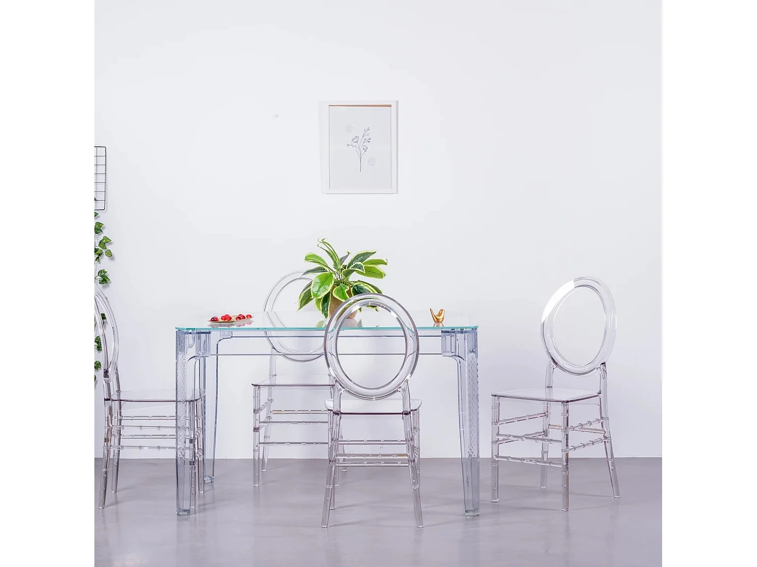 Ensemble meuble de salle à manger table transparente (120cm) et 4 chaises Isabelle - Ghost - Transparent