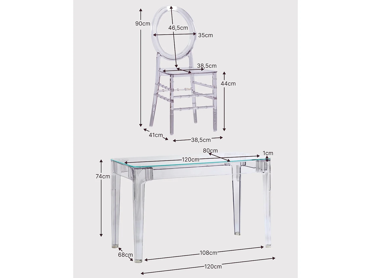 Ensemble meuble de salle à manger table transparente (120cm) et 4 chaises Isabelle - Ghost - Transparent