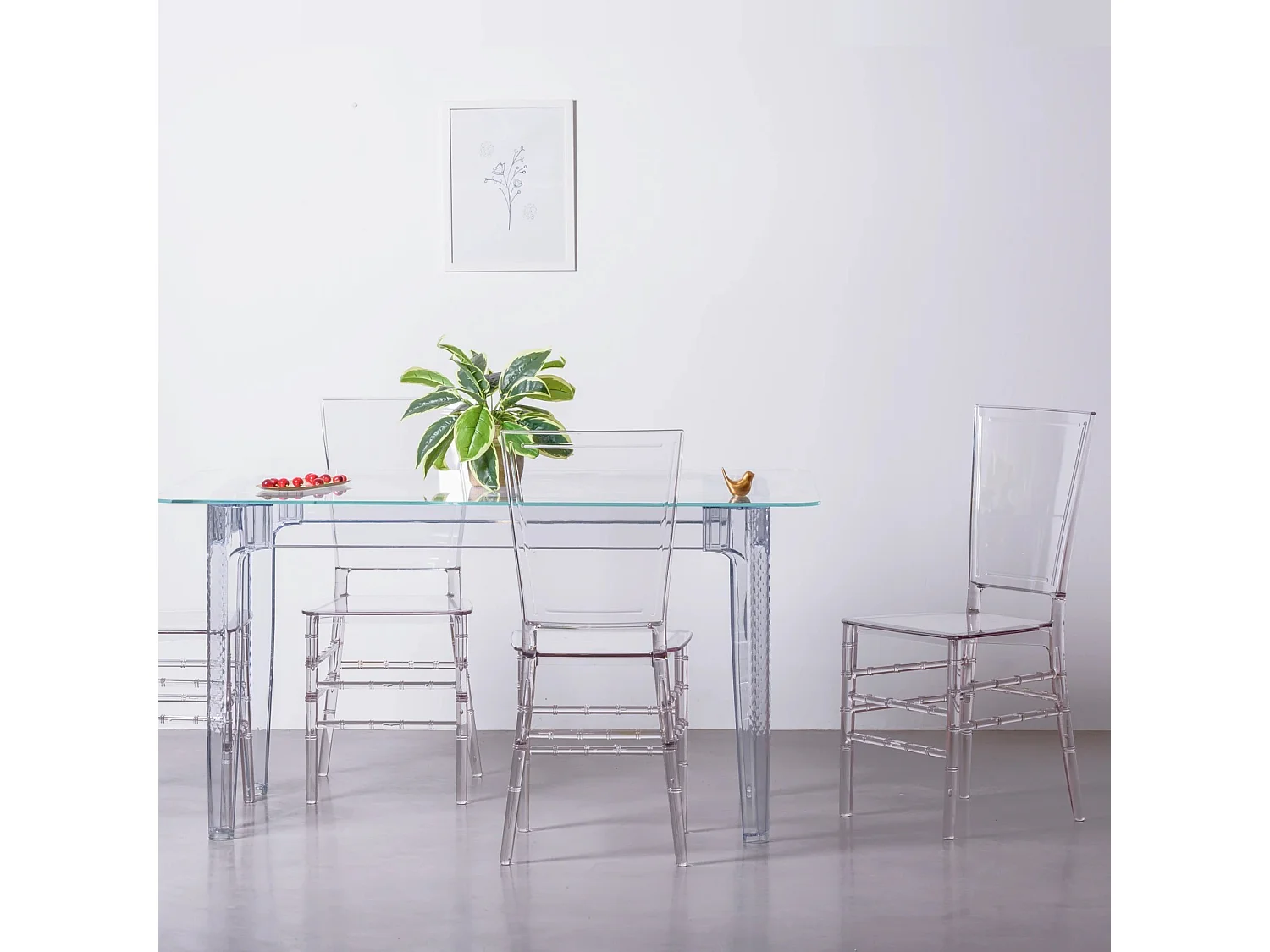 Eetkamermeubelset transparante tafel (140cm) en 4 Felipe stoelen - Ghost - Transparant