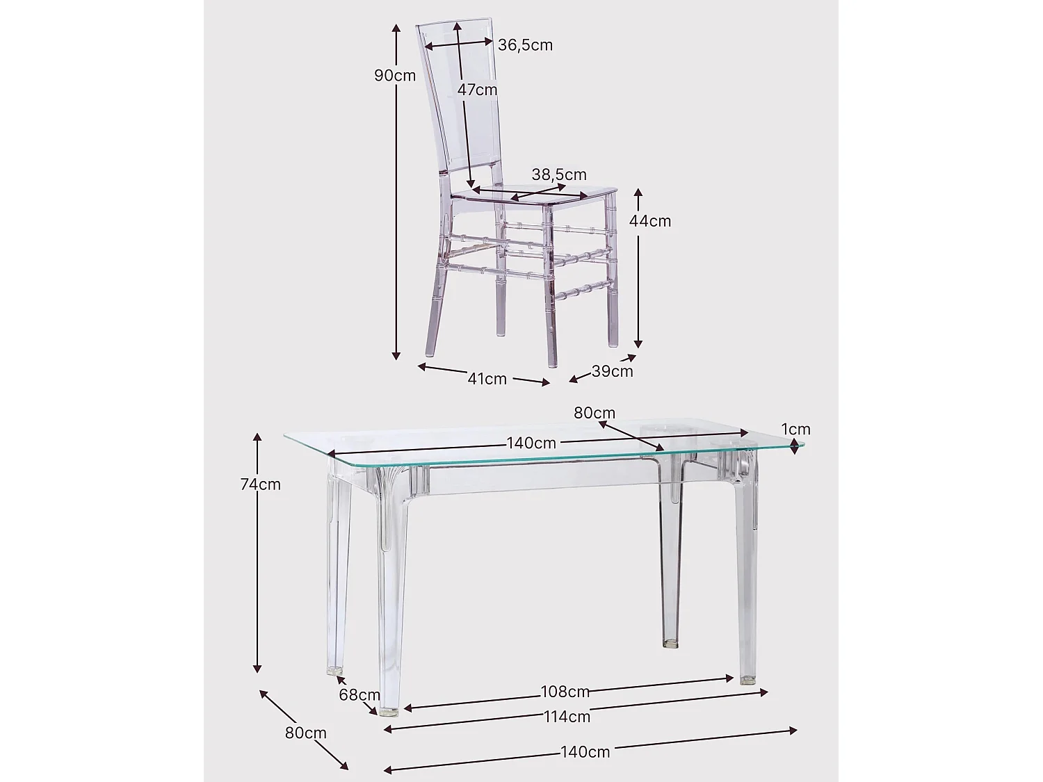 Eetkamermeubelset transparante tafel (140cm) en 4 Felipe stoelen - Ghost - Transparant