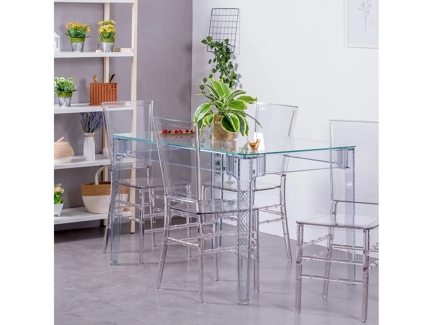 Ensemble de meubles de salle à manger, table transparente (120 cm) et 4 chaises Felipe - Ghost - Transparent