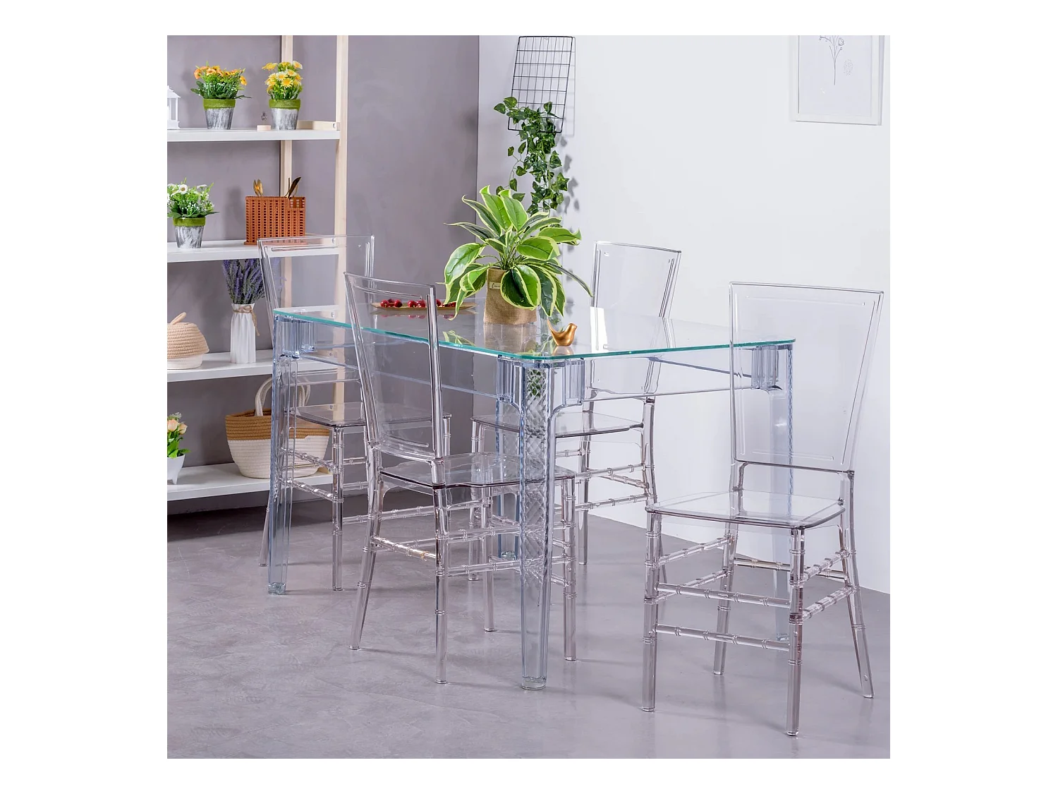 Ensemble de meubles de salle à manger, table transparente (120 cm) et 4 chaises Felipe - Ghost - Transparent