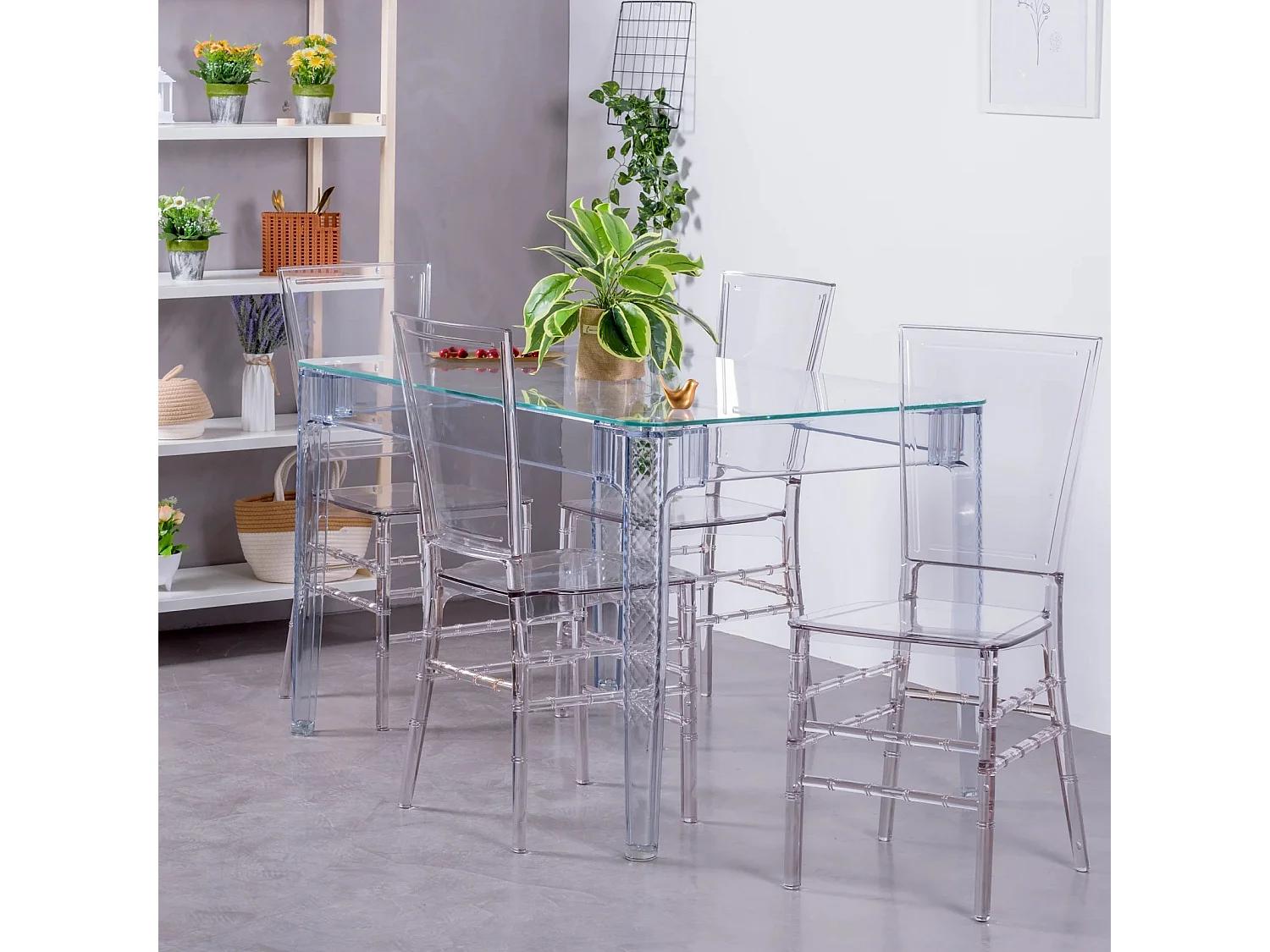 Ensemble de meubles de salle à manger, table transparente (120 cm) et 4 chaises Felipe - Ghost - Transparent