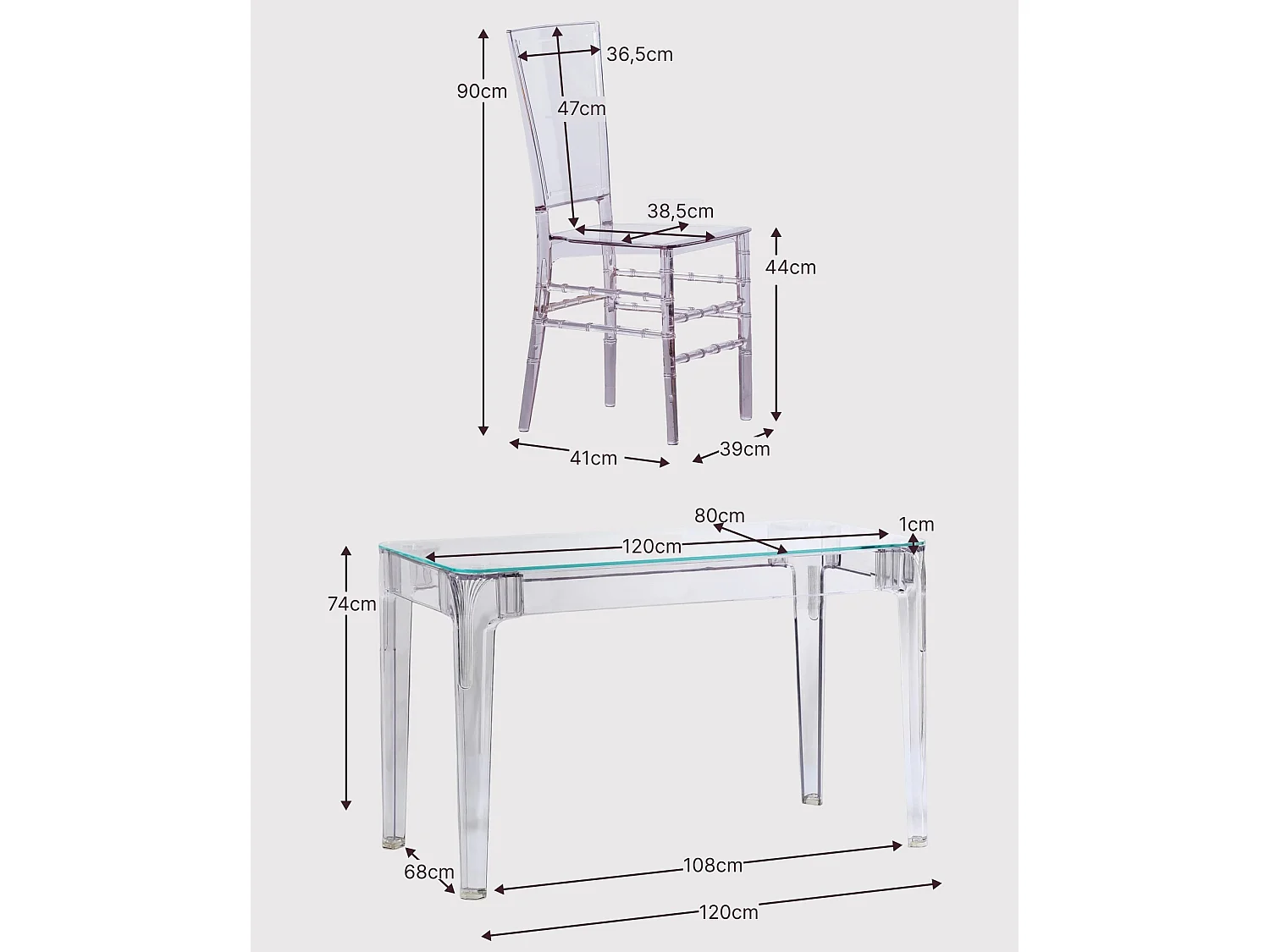 Ensemble de meubles de salle à manger, table transparente (120 cm) et 4 chaises Felipe - Ghost - Transparent