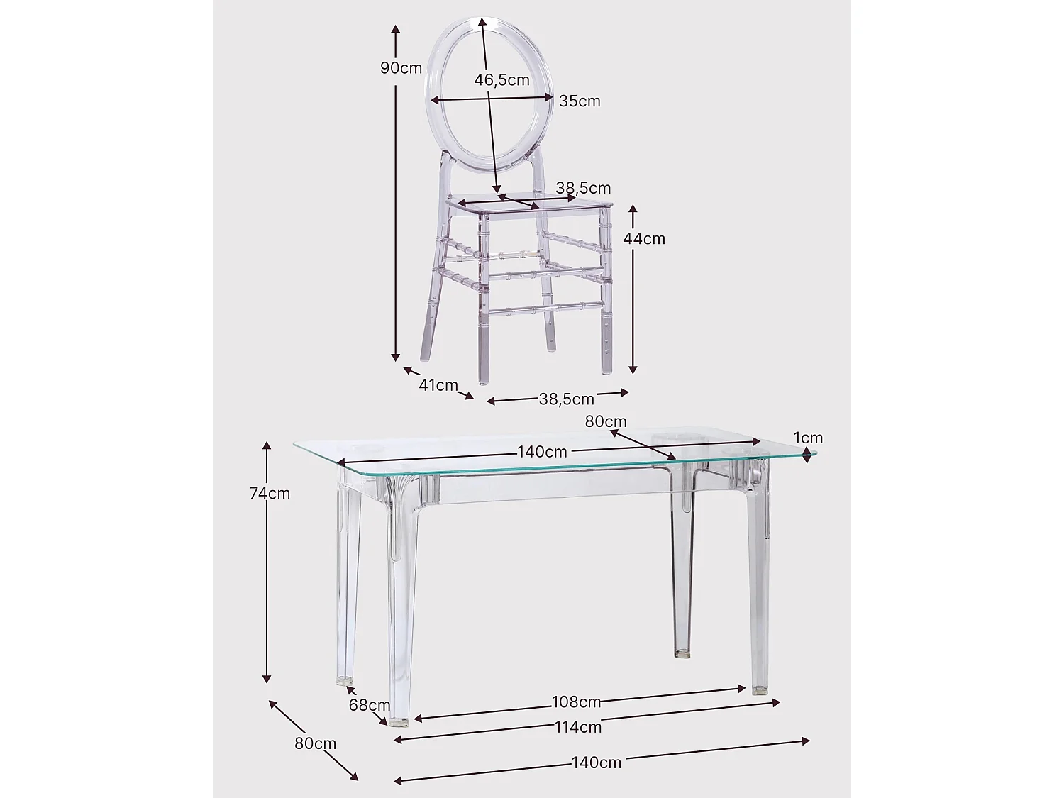 Eetkamermeubelset transparante tafel (140cm) en 4 Isabelle stoelen - Ghost - Transparant