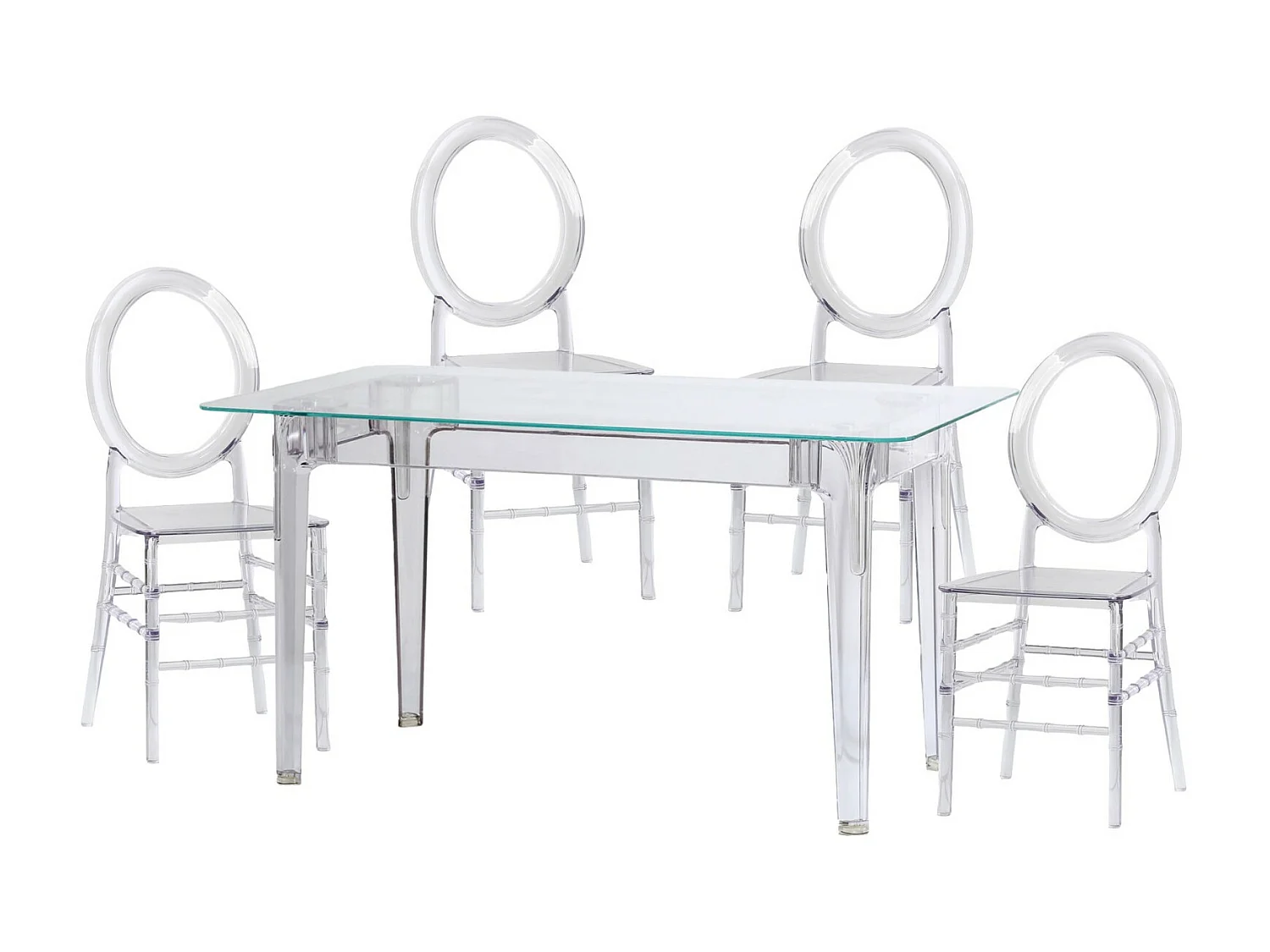 Ensemble meuble de salle à manger table transparente (140cm) et 4 chaises Isabelle - Ghost - Transparent