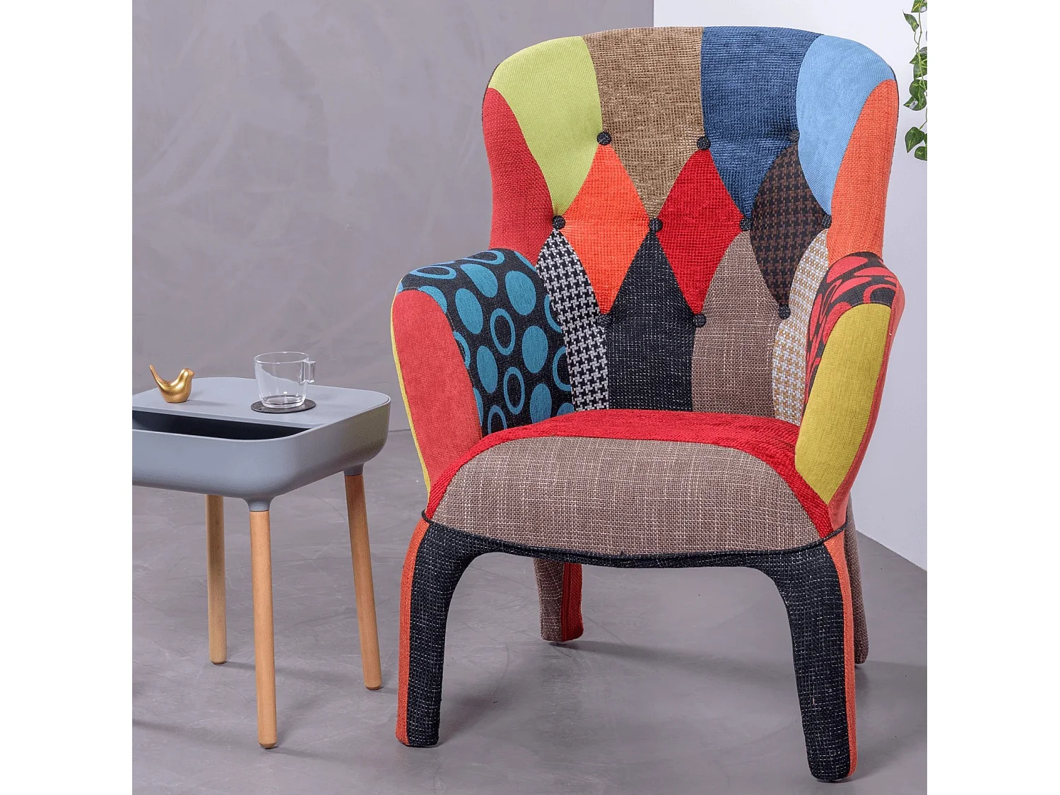 Vintage-Sessel mit Patchwork-Stoff gepolstert - Capitone - Patchwork