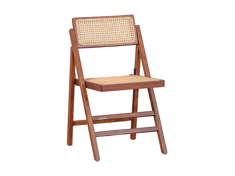 Cadeira dobrável estilo retro em rattan natural e madeira de nogueira - Compass - Noz