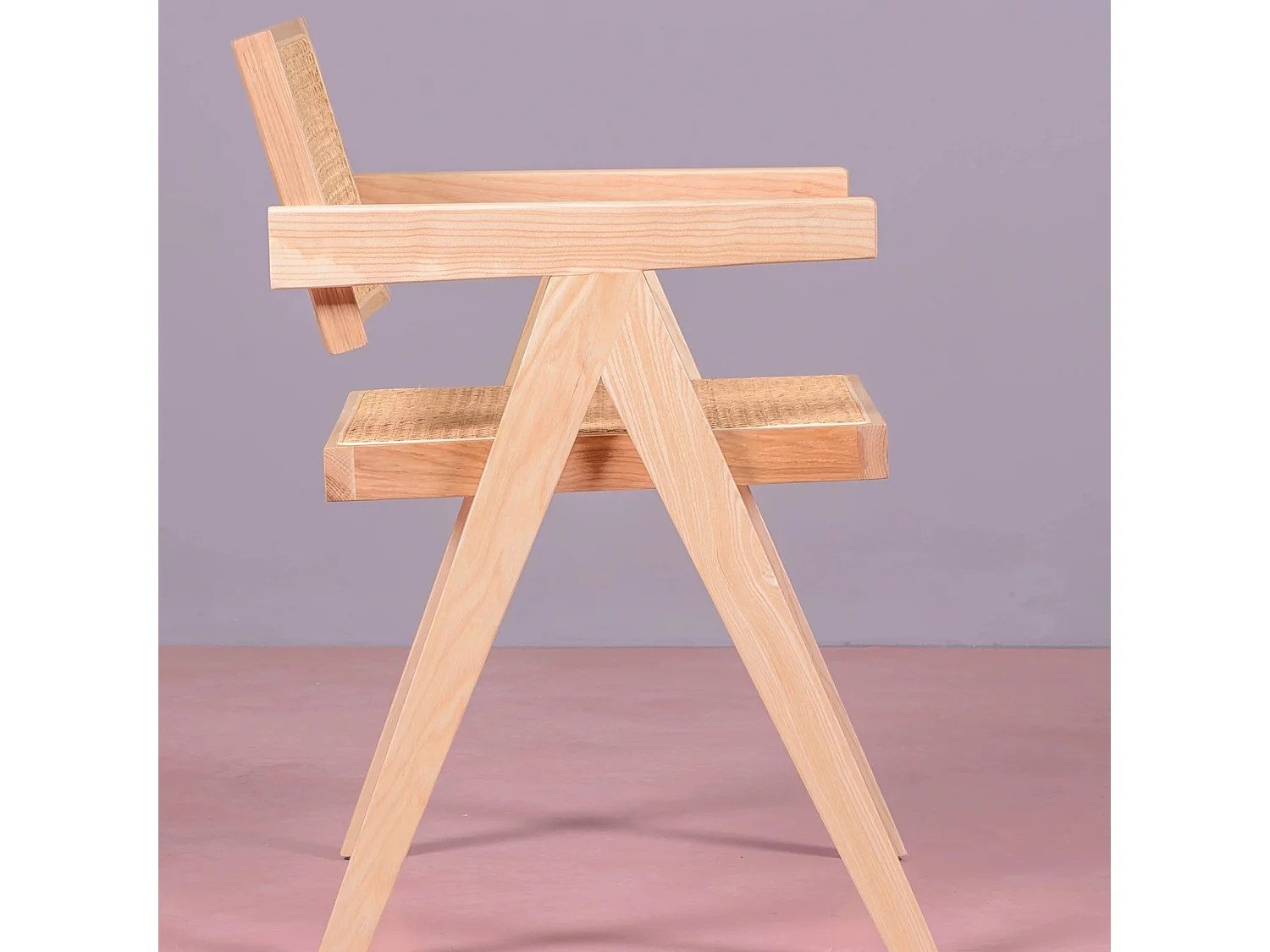 Silla cásica con reposabrazos en rattan natural y madera de fresno - Compass - Fresno Natural