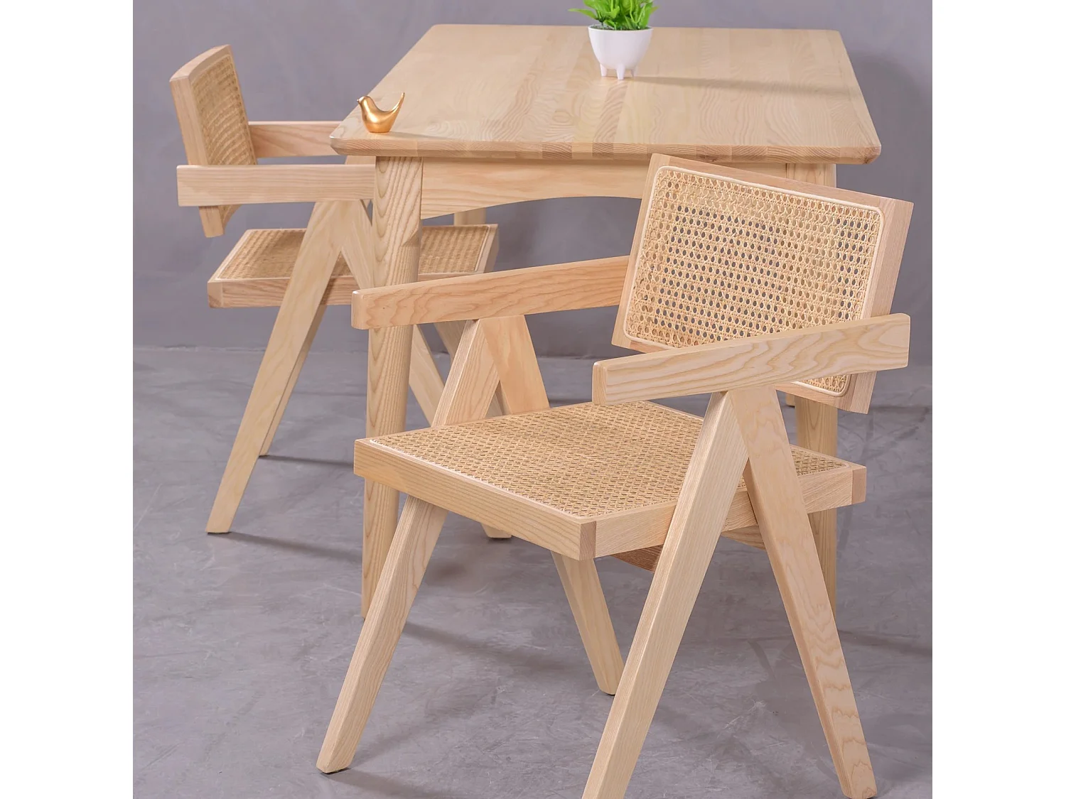 Chaise classique avec accoudoirs en rotin naturel et bois de frêne - Compass - Frêne naturel