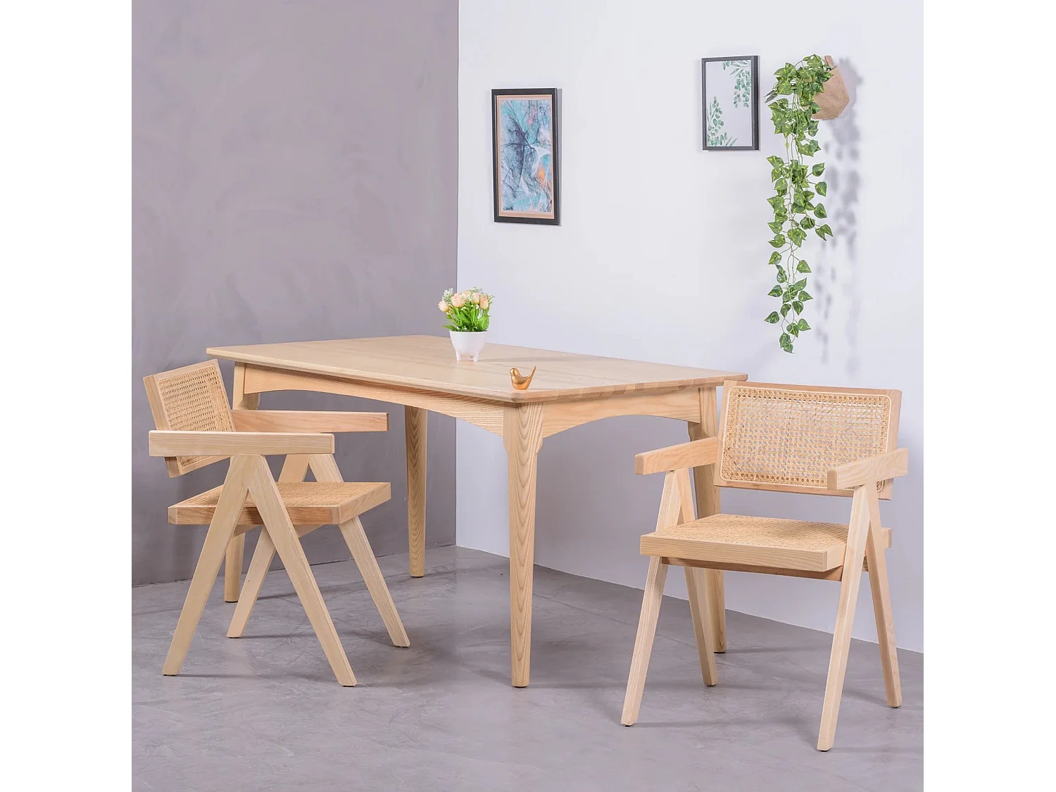 Chaise classique avec accoudoirs en rotin naturel et bois de frêne - Compass - Frêne naturel