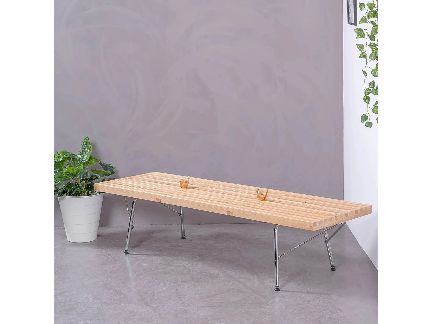 Banc rustique en frêne naturel et pieds chromés - Nelhouse - Frêne naturel