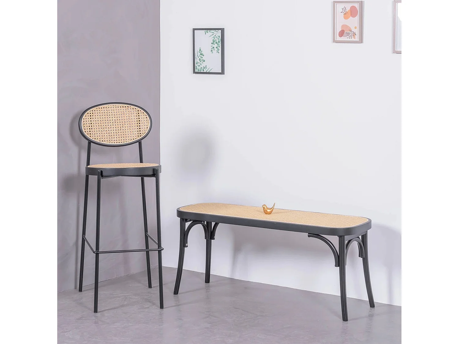 Vintage bank met klassiek design in natuurlijk rotan - North - Zwart