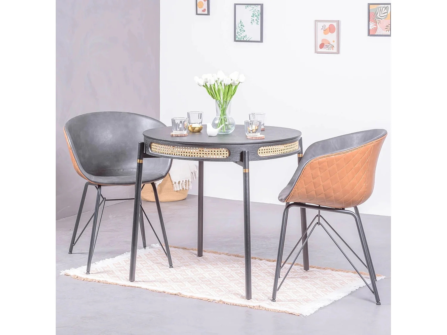 Runder Retro-Esstisch mit natürlichen Rattandetails (80 cm) - North - Schwarz