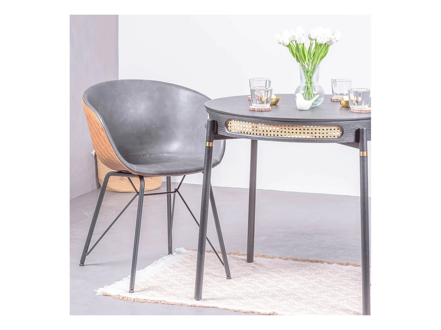 Retro ronde eettafel met natuurlijke rotan details (80cm) - North - Zwart