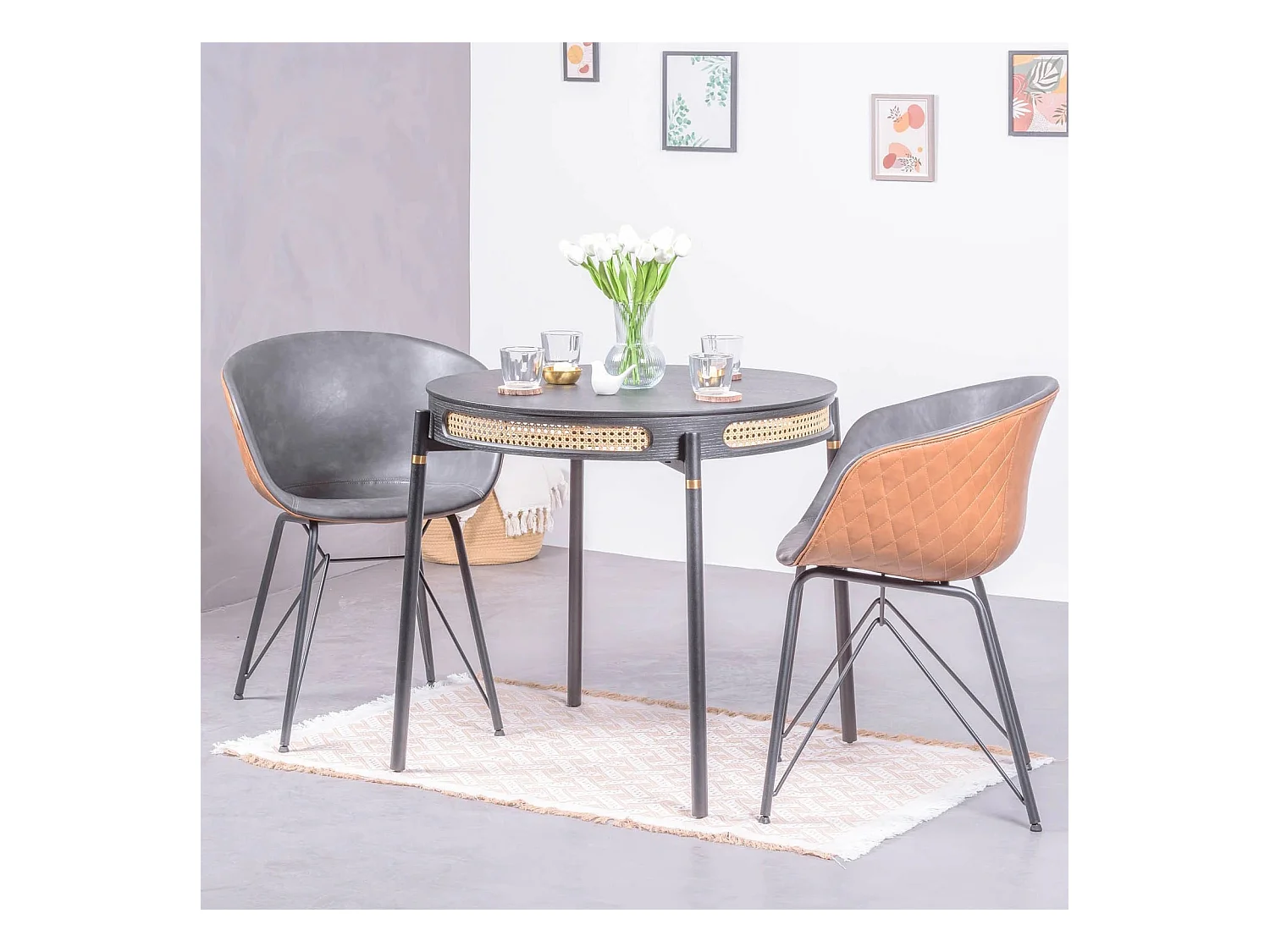Retro ronde eettafel met natuurlijke rotan details (80cm) - North - Zwart