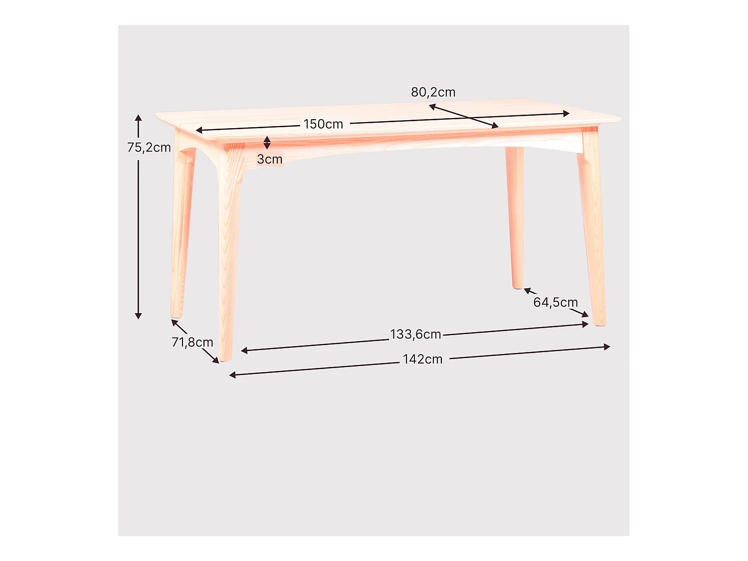Table à manger rectangulaire en bois de frêne - Liam - Frêne naturel