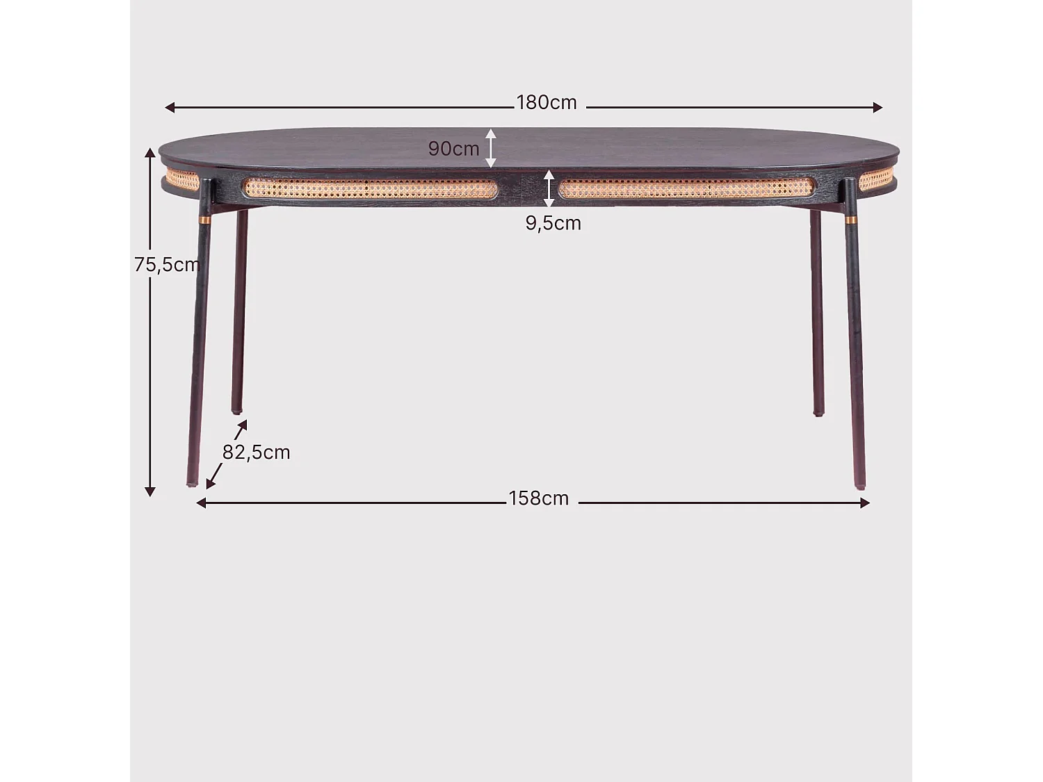 Retro eettafel met natuurlijke rotan details (180x90) - North - Zwart