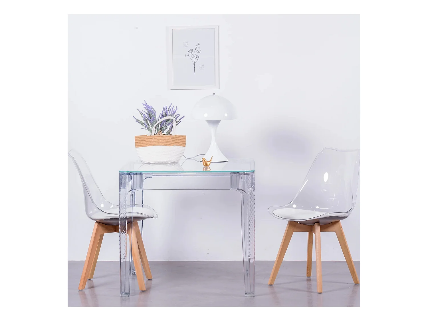 Vierkante glazen tafel met transparante poten (80x80) - Ghost - Transparant