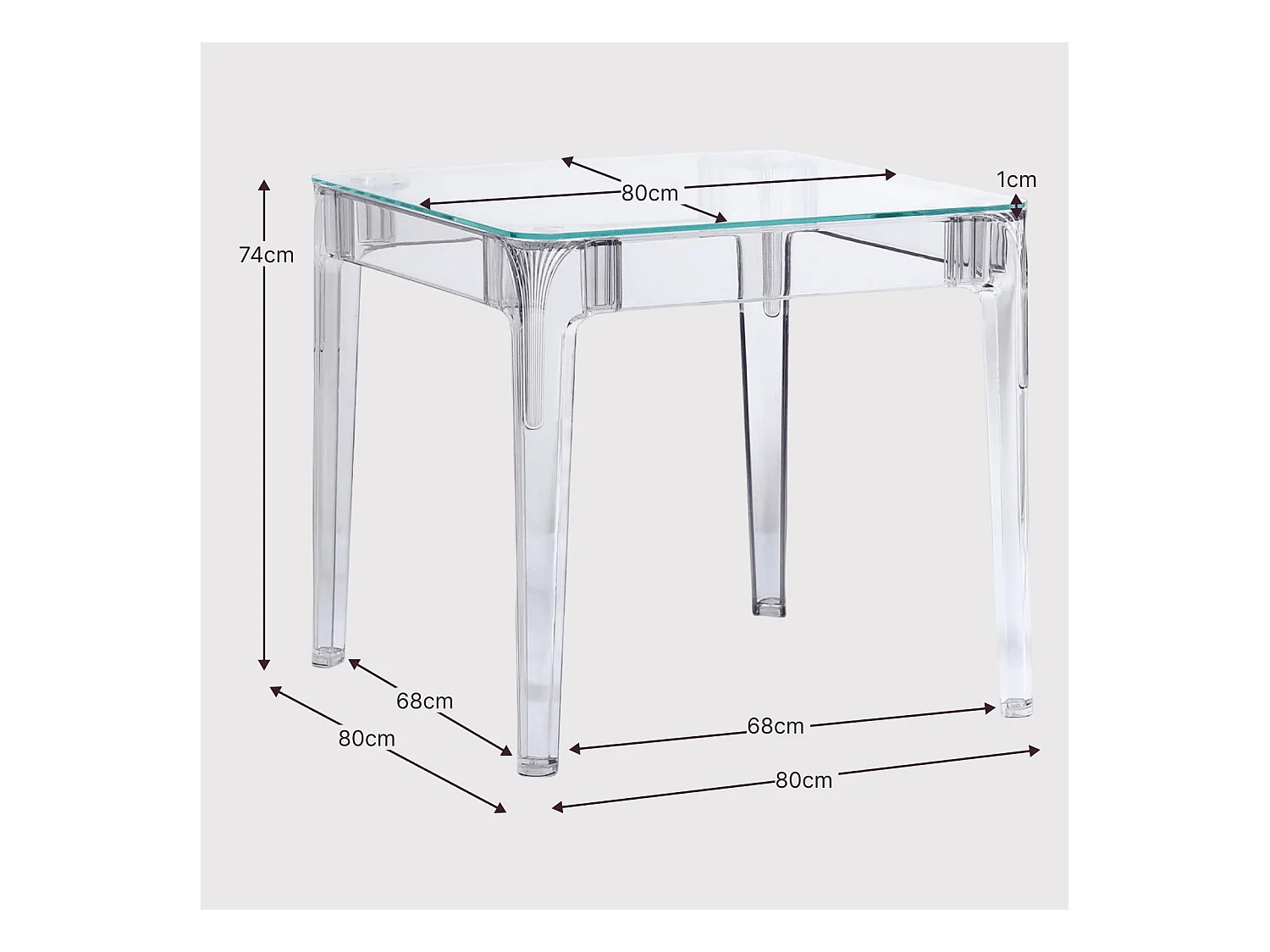 Vierkante glazen tafel met transparante poten (80x80) - Ghost - Transparant