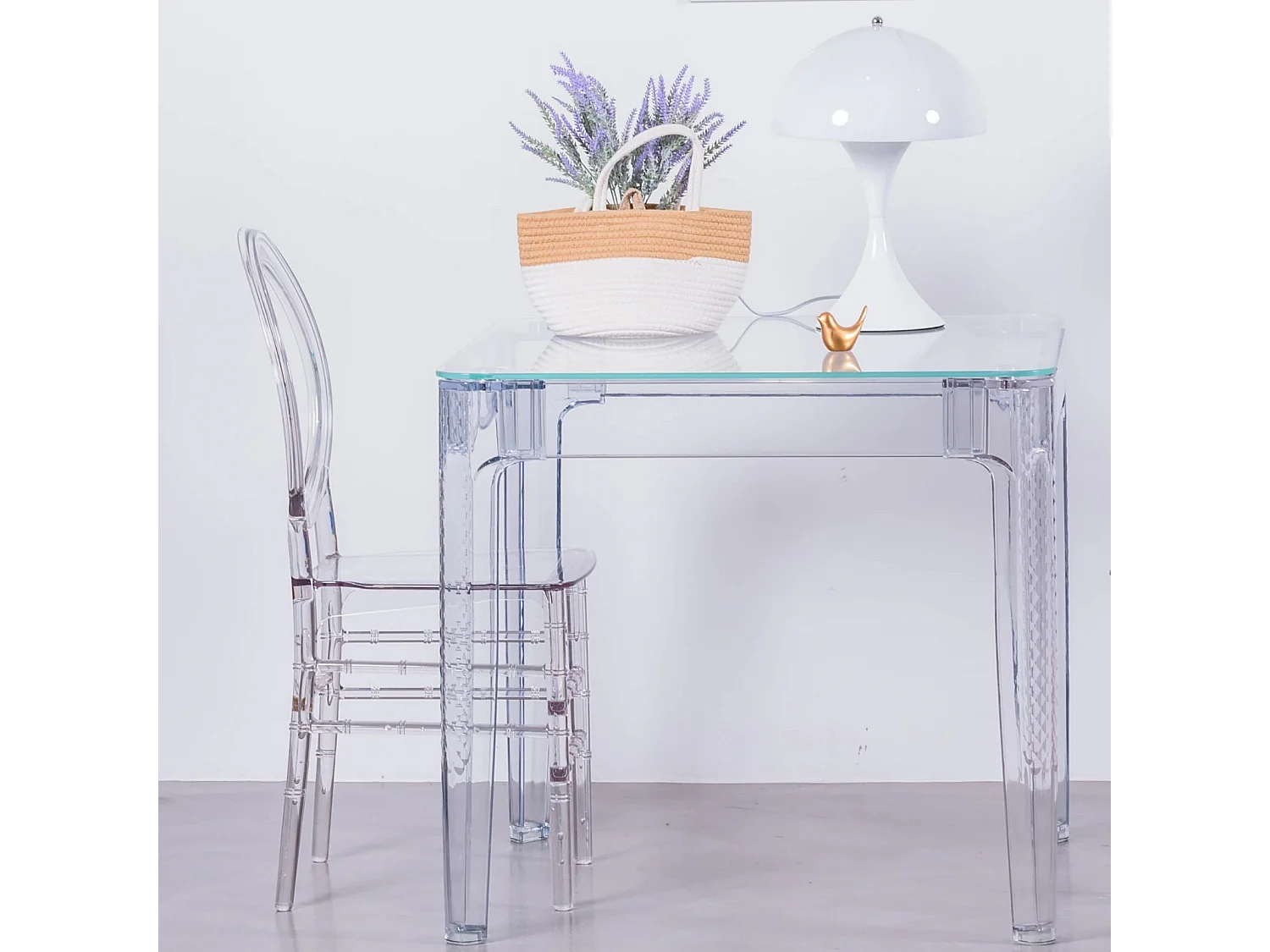 Vierkante glazen tafel met transparante poten (80x80) - Ghost - Transparant