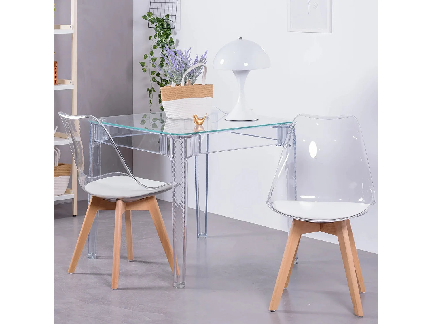 Vierkante glazen tafel met transparante poten (80x80) - Ghost - Transparant