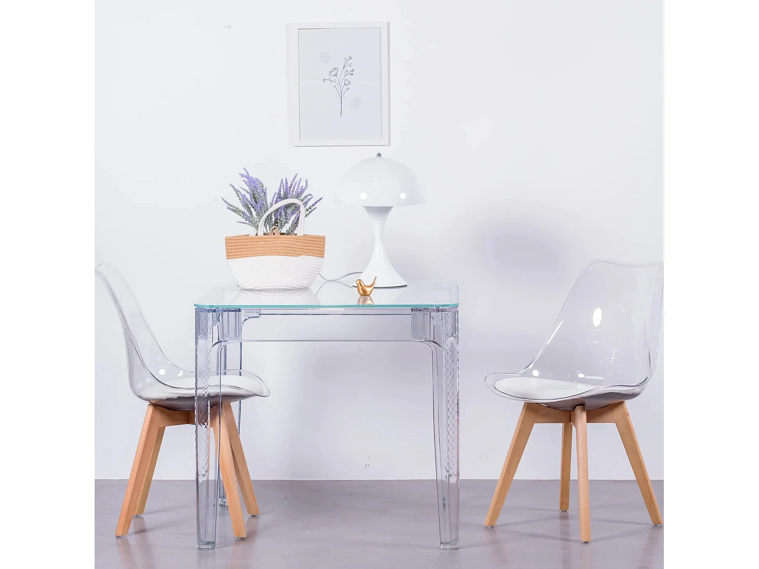 Vierkante glazen tafel met transparante poten (80x80) - Ghost - Transparant