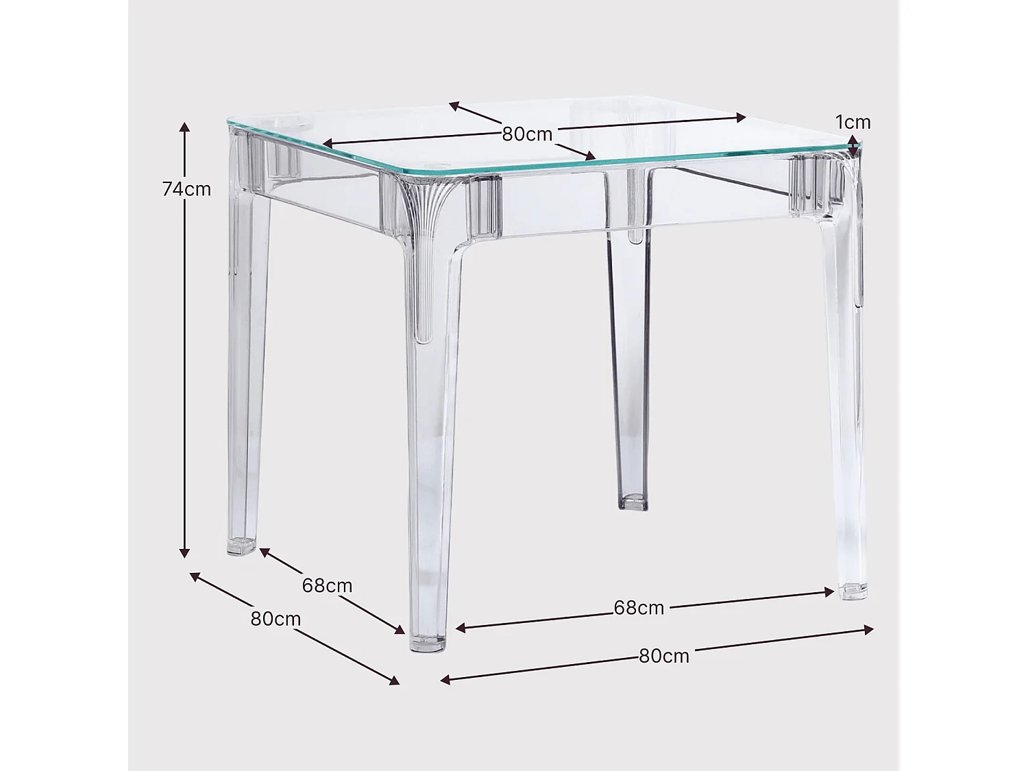 Vierkante glazen tafel met transparante poten (80x80) - Ghost - Transparant