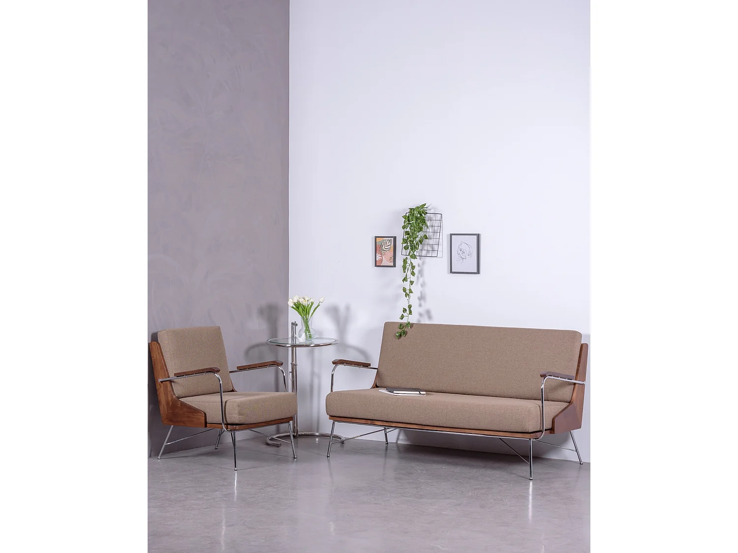 Divano industriale in legno di noce e rivestito in cotone - Daneu - Beige