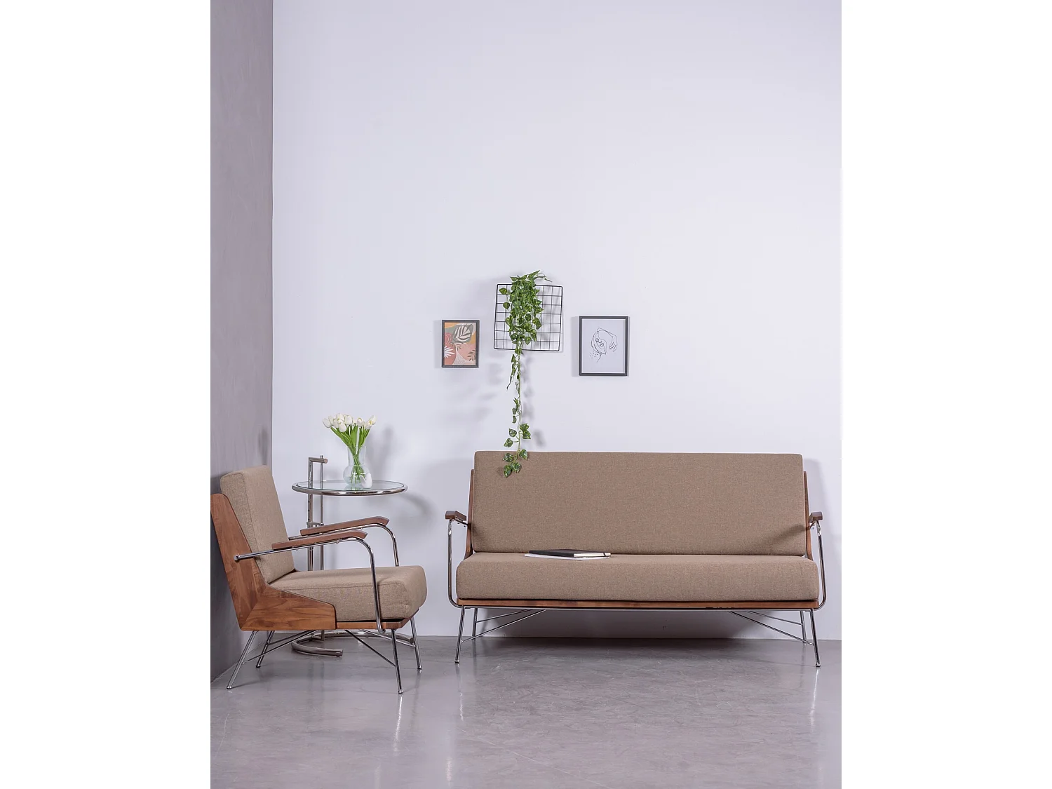 Divano industriale in legno di noce e rivestito in cotone - Daneu - Beige