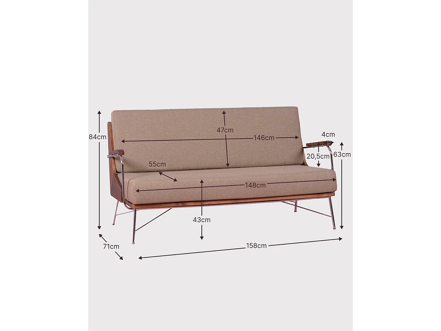 Divano industriale in legno di noce e rivestito in cotone - Daneu - Beige