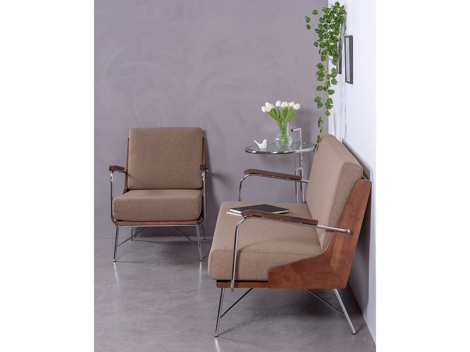 Industriële bank in walnoothout en bekleed met katoen - Daneu - Beige