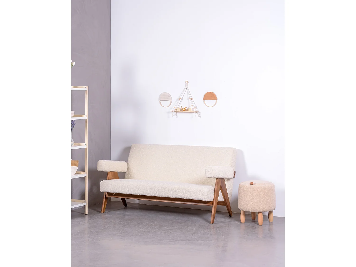 Canapé vintage en bois de teck et revêtement en boucle - Daneu - Blanc