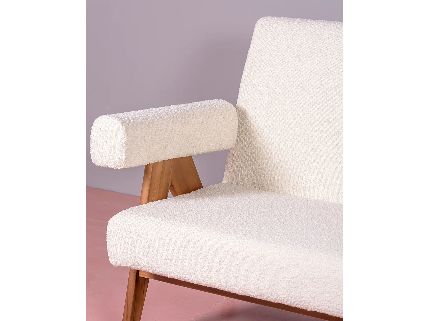 Canapé vintage en bois de teck et revêtement en boucle - Daneu - Blanc