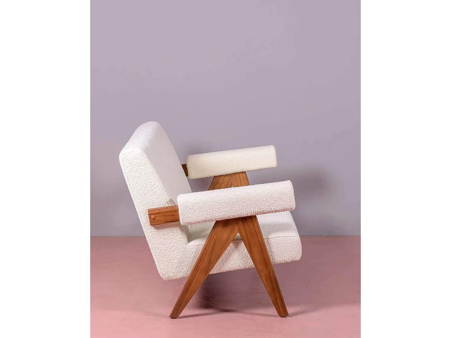 Canapé vintage en bois de teck et revêtement en boucle - Daneu - Blanc