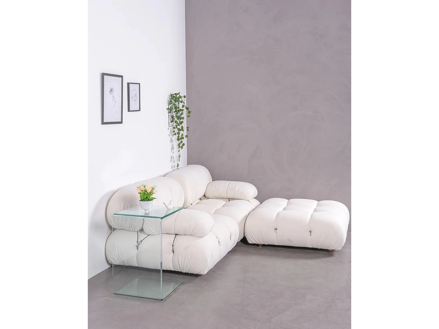Canapé modulable 2 pièces Laurel avec pouf - Blanc
