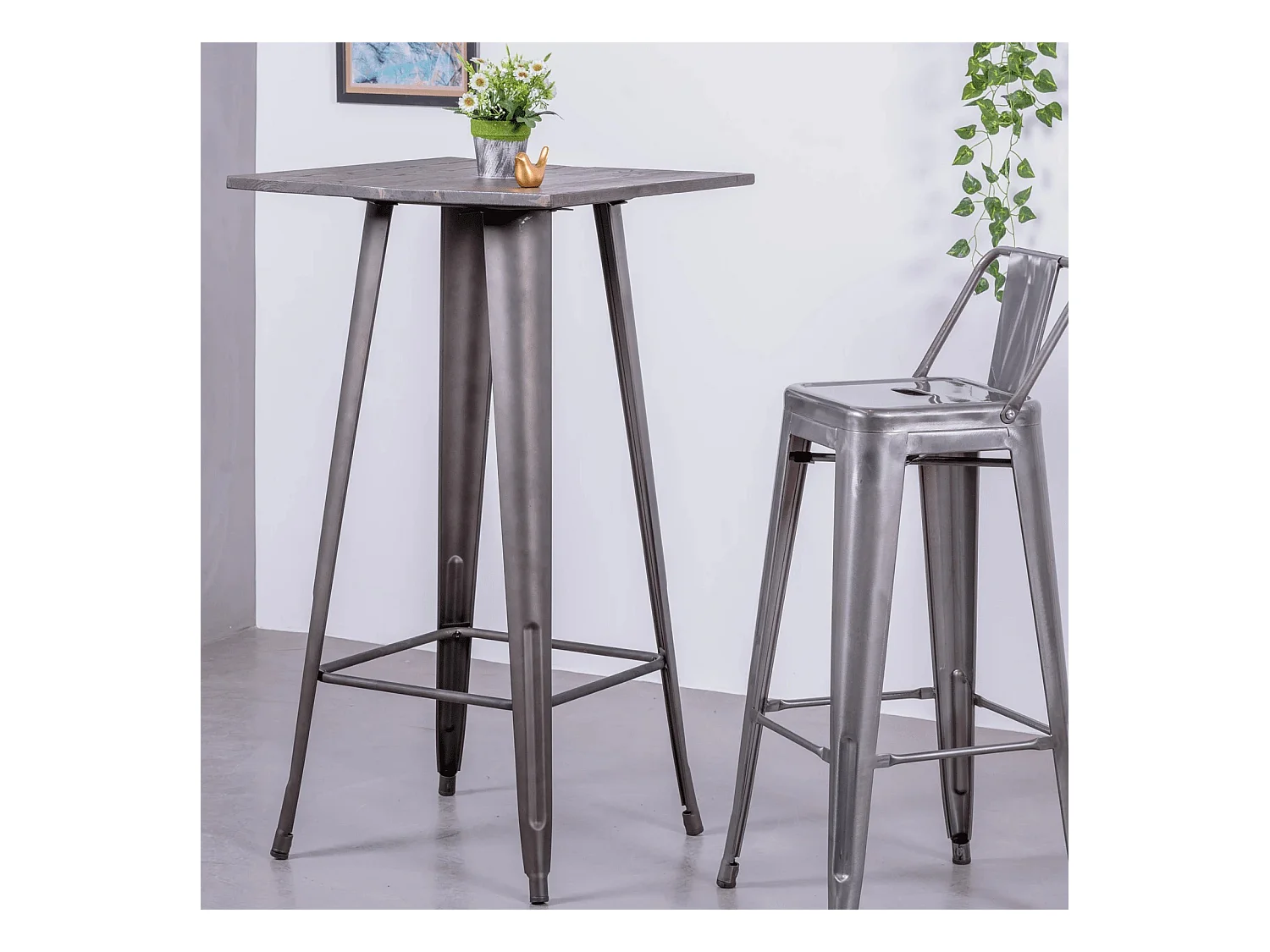Industriële hoge tafel in verouderd staal en donker hout - Bistro - Antiek