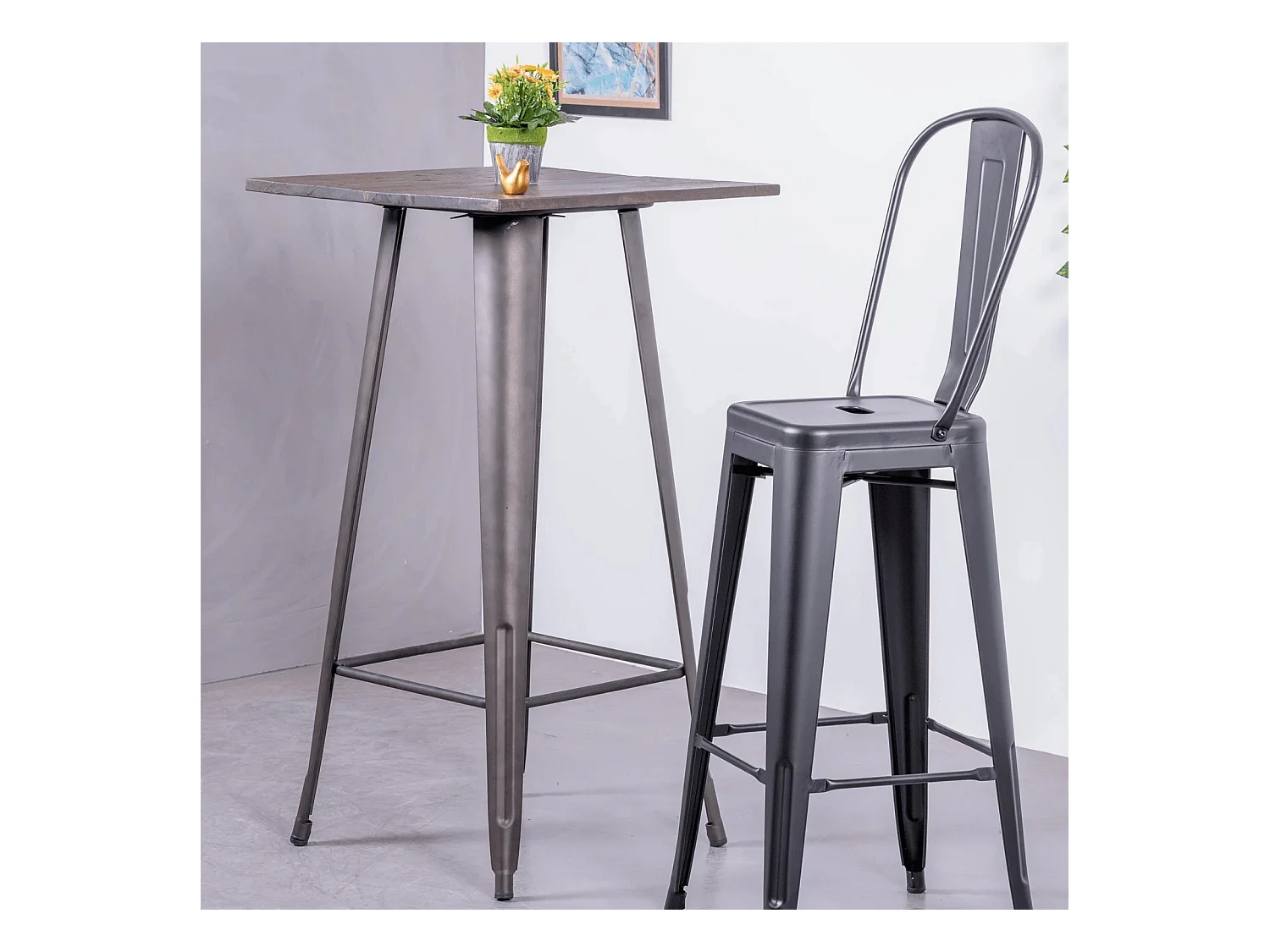 Industriële hoge tafel in verouderd staal en donker hout - Bistro - Antiek