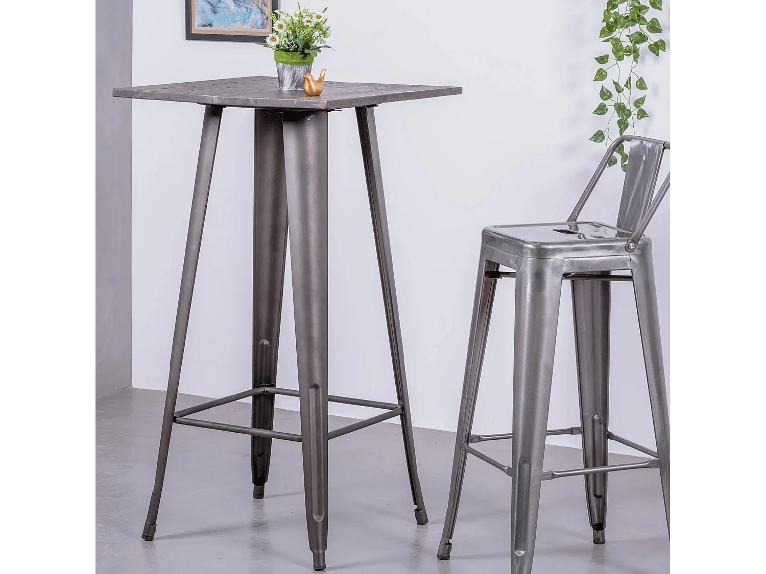 Table haute industrielle en acier vieilli et bois foncé - Bistro - Antique