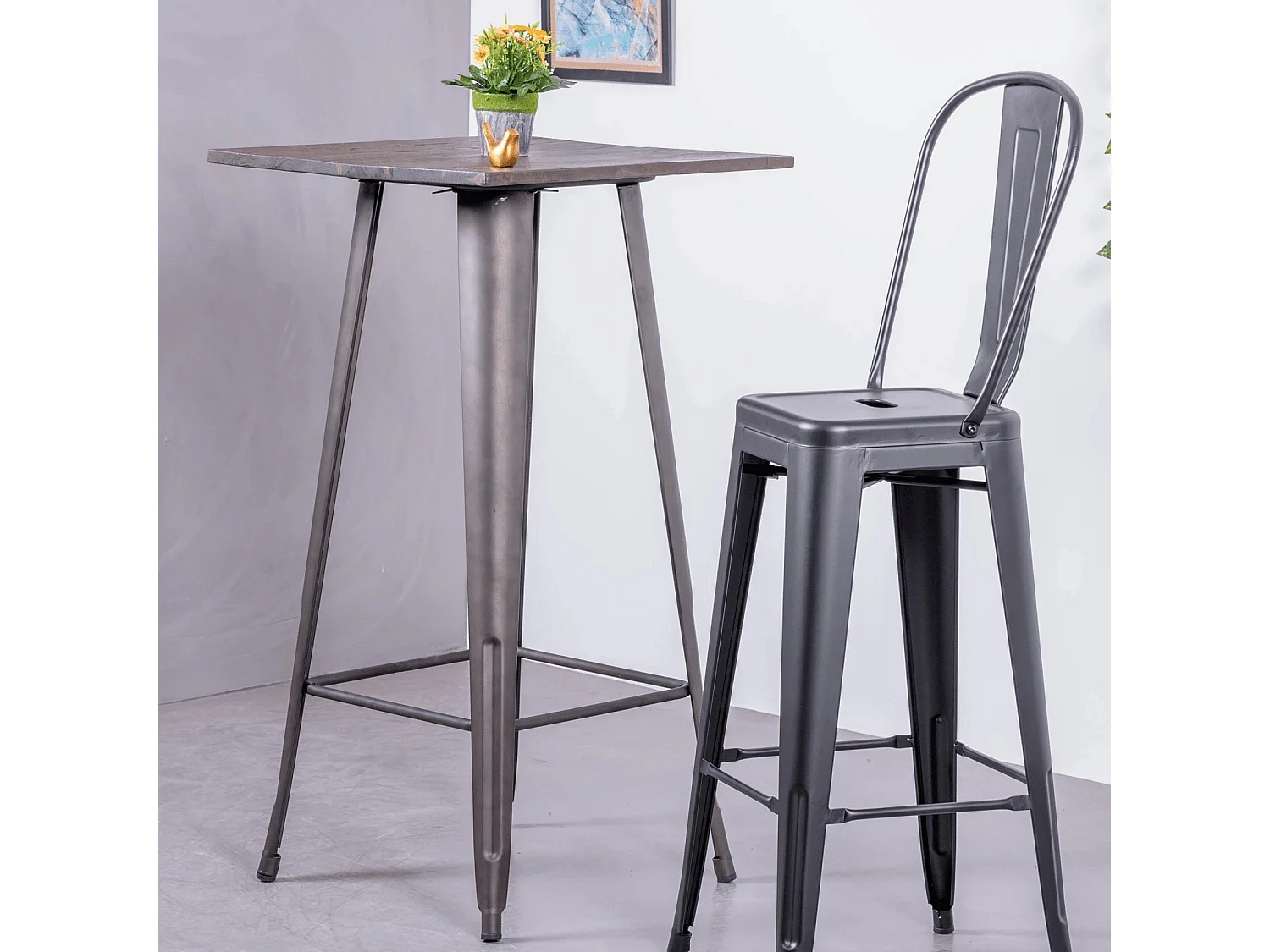 Table haute industrielle en acier vieilli et bois foncé - Bistro - Antique