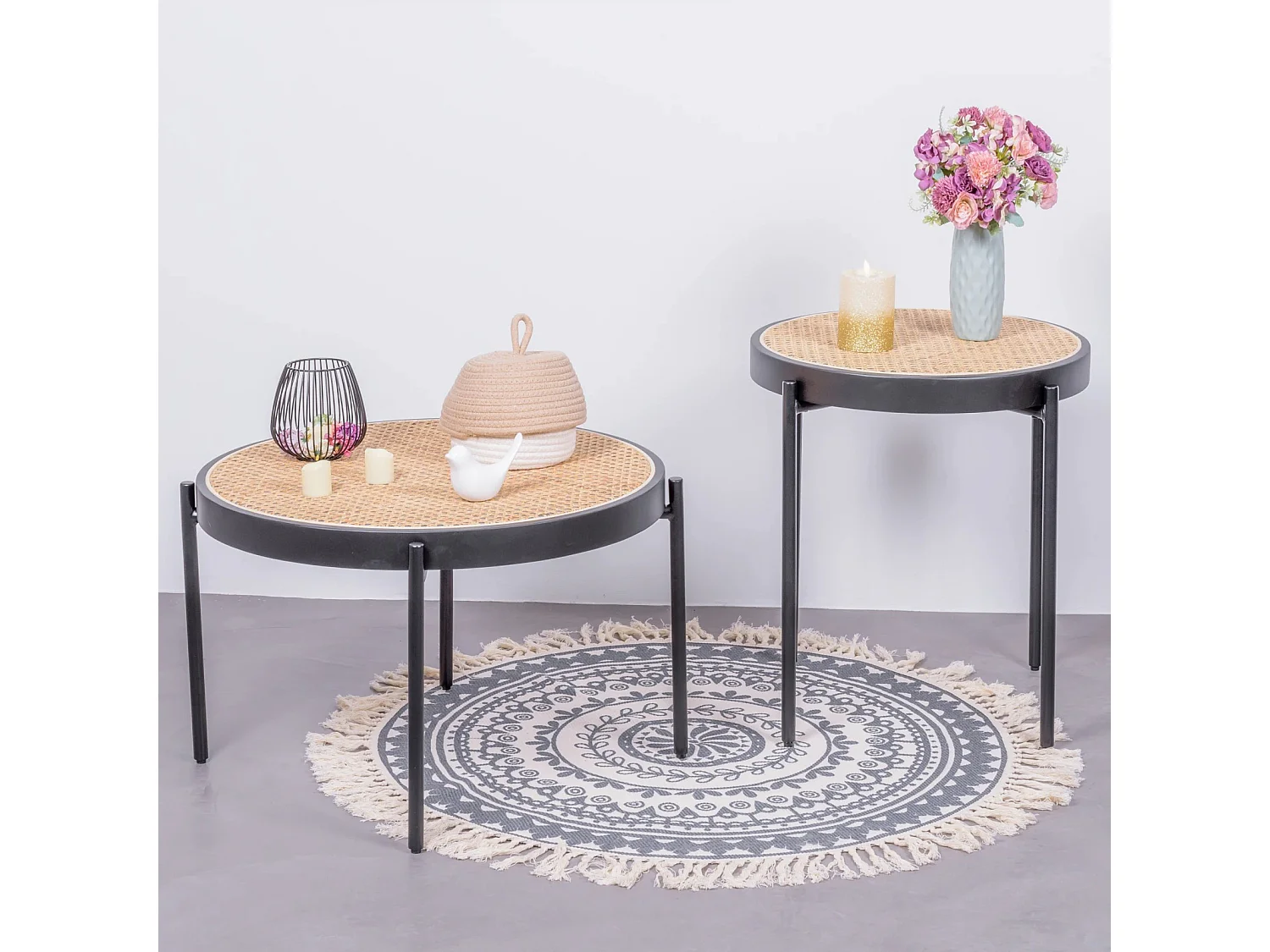 Mesa de centro retro con detalles en ratán natural (60cm) - North - Negro