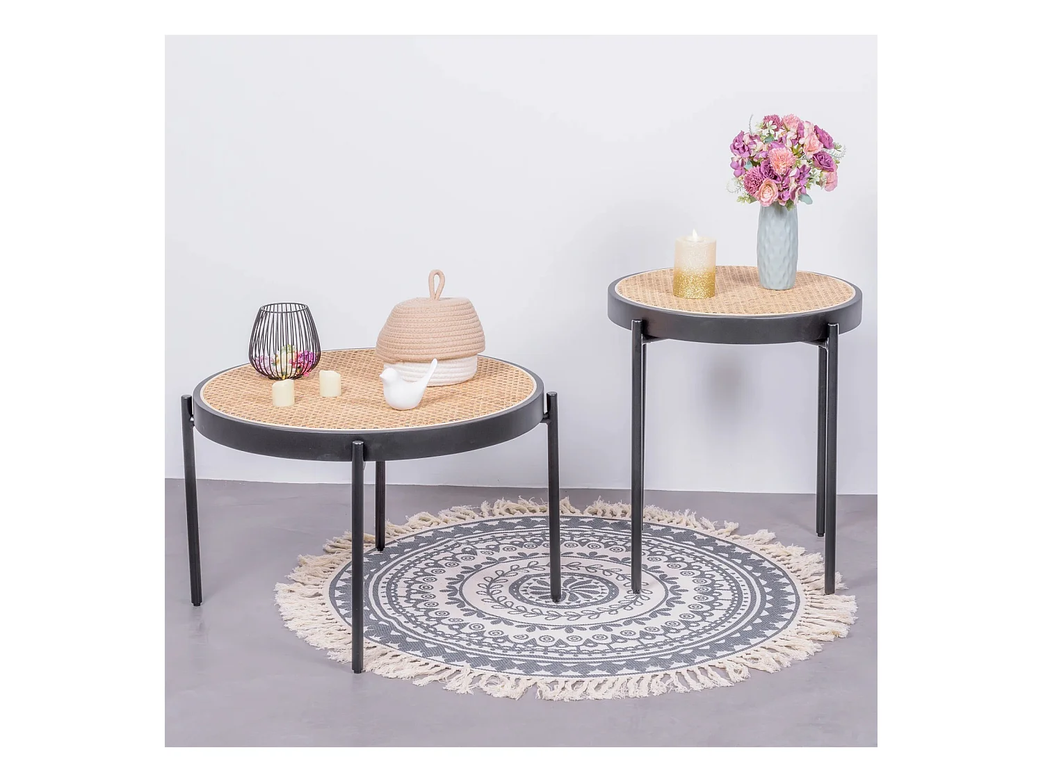 Retro salontafel met natuurlijke rotan details (60cm) - North - Zwart