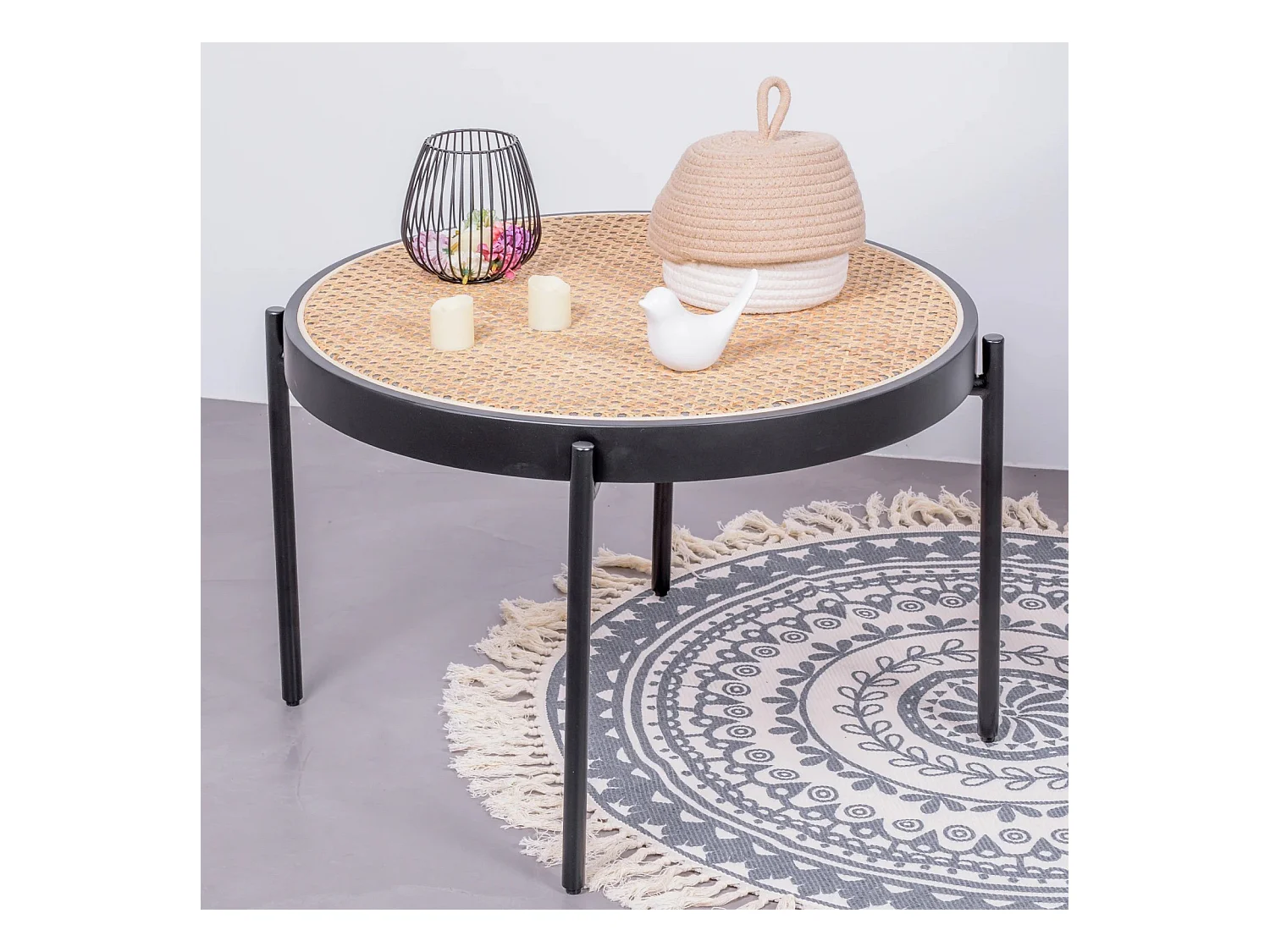 Retro salontafel met natuurlijke rotan details (60cm) - North - Zwart