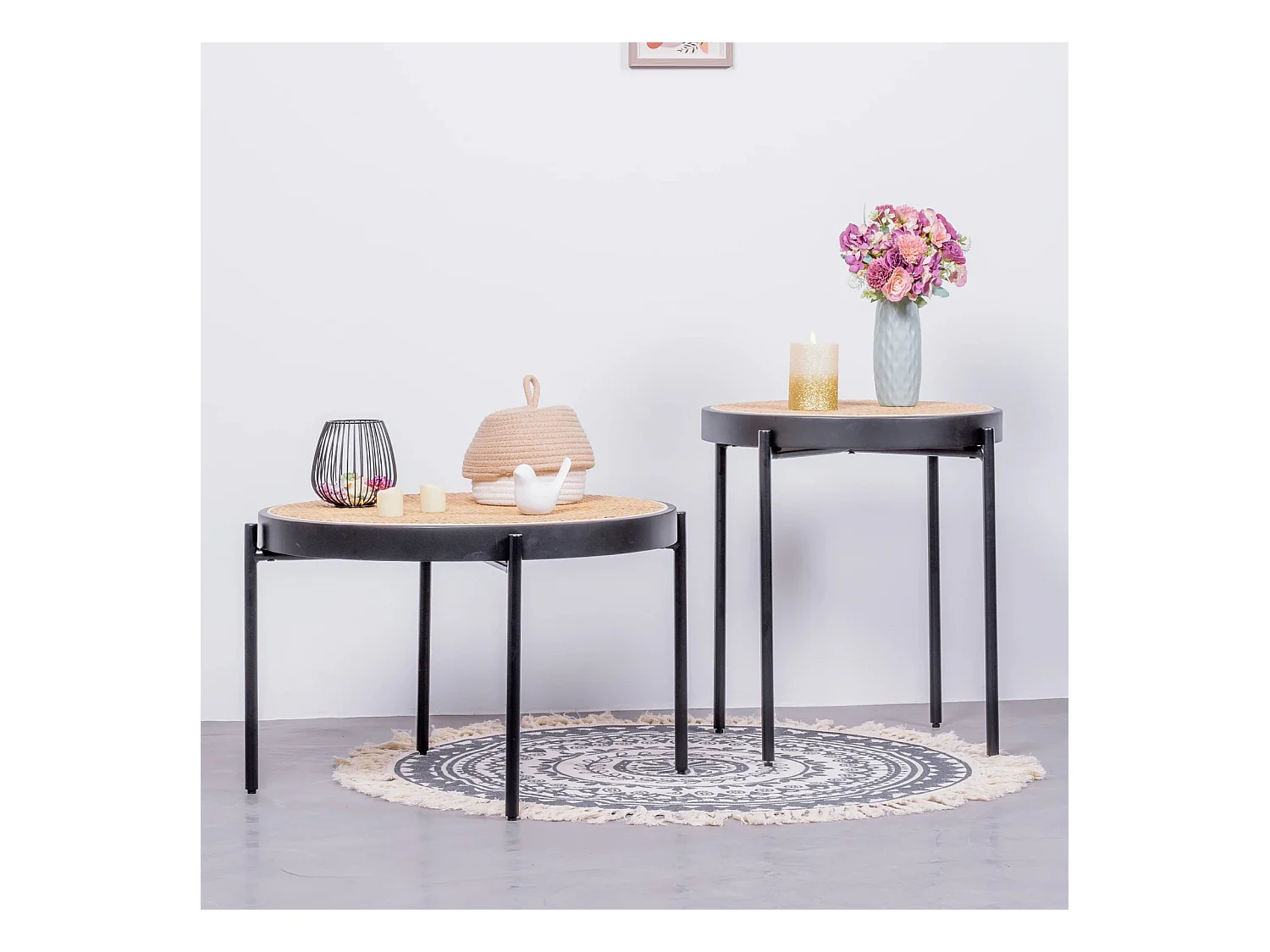 Retro salontafel met natuurlijke rotan details (60cm) - North - Zwart