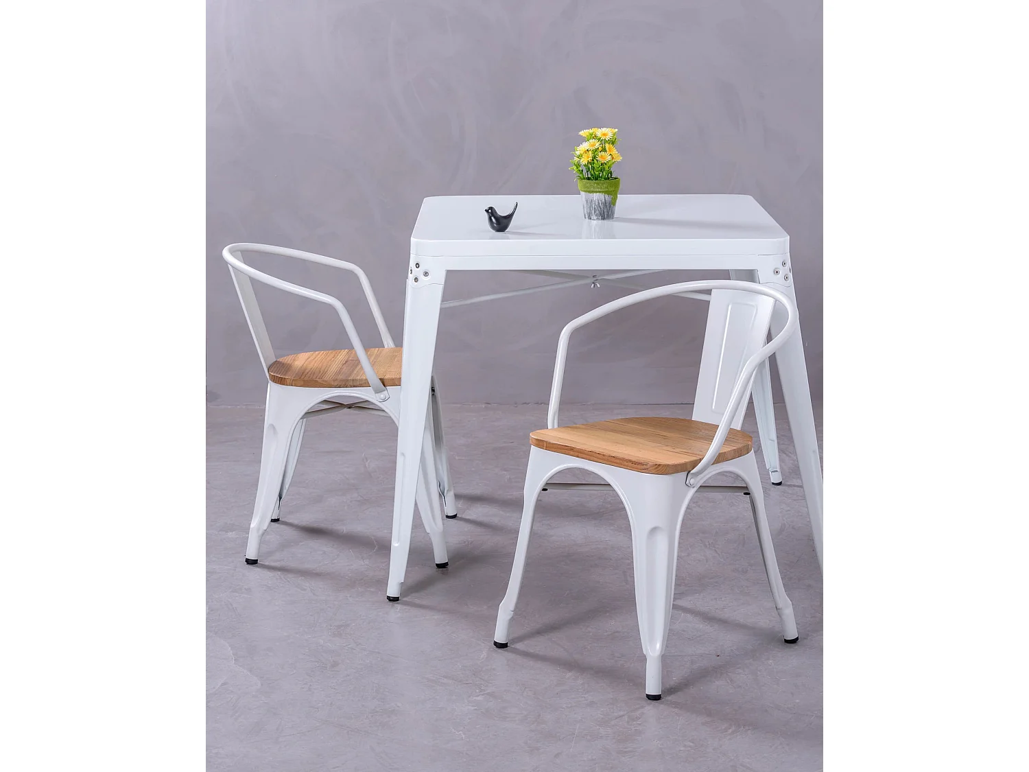 Cadeira industrial com braços e assento em madeira de olmo - Bistro - Branco