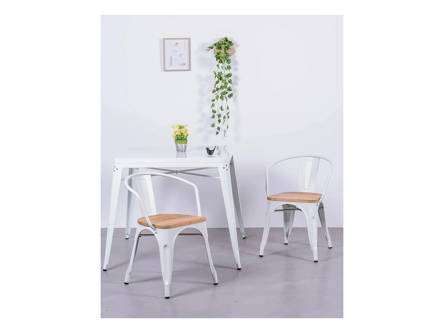 Industriële stoel met armleuningen en iepenhouten zitting - Bistro - Wit