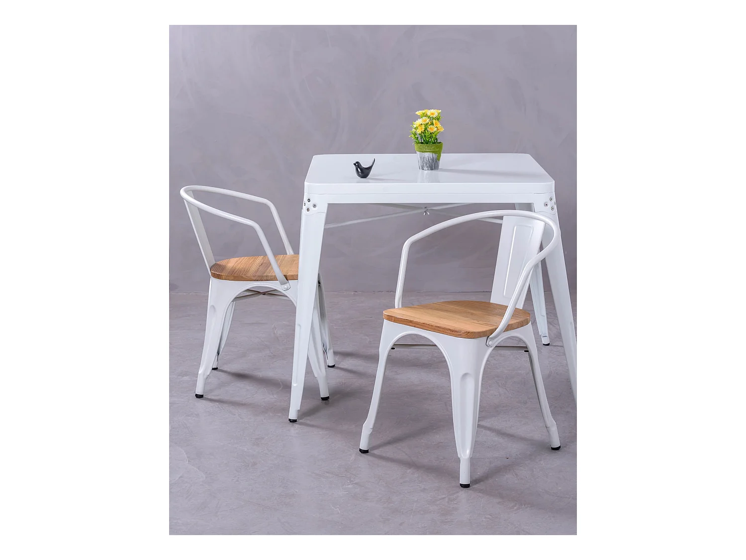 Industriële stoel met armleuningen en iepenhouten zitting - Bistro - Wit