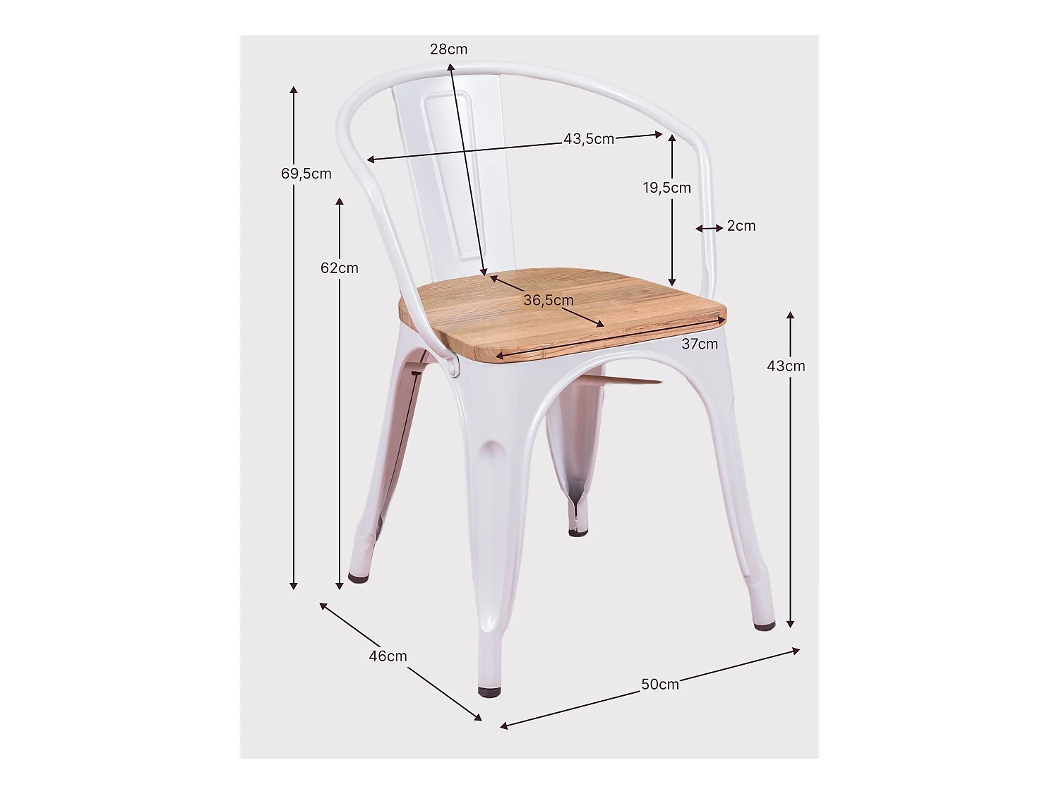 Industriële stoel met armleuningen en iepenhouten zitting - Bistro - Wit