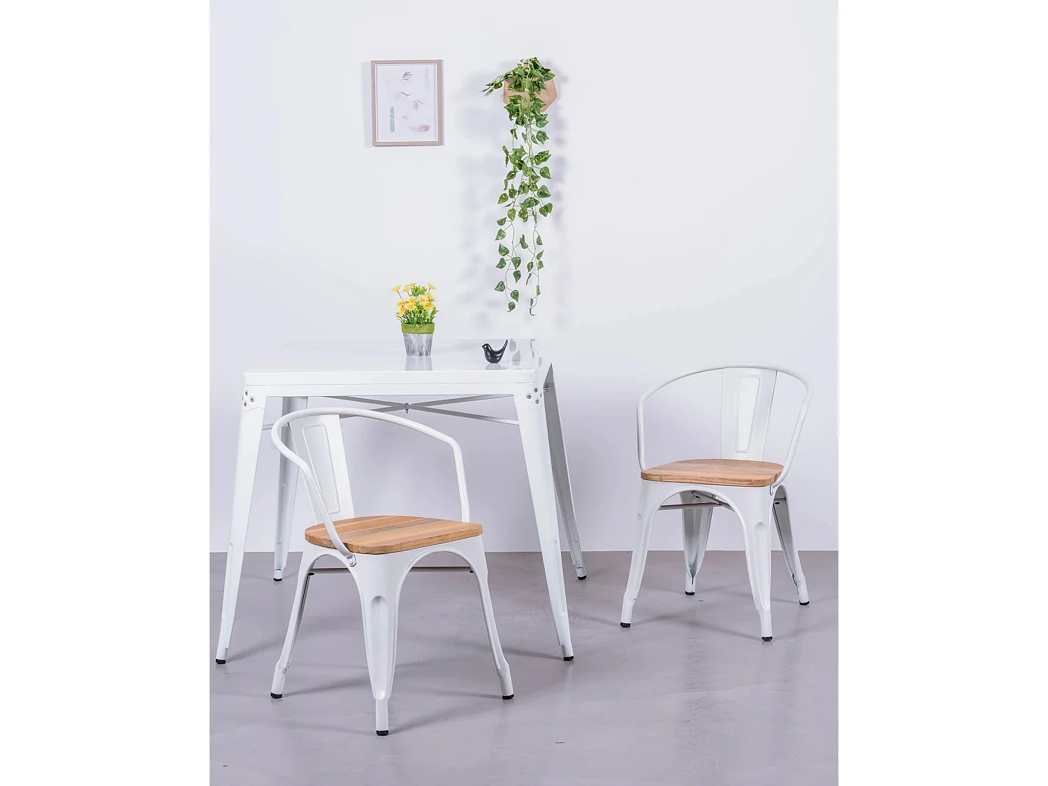 Sedia industriale con braccioli e seduta in legno di olmo - Bistro - Bianco